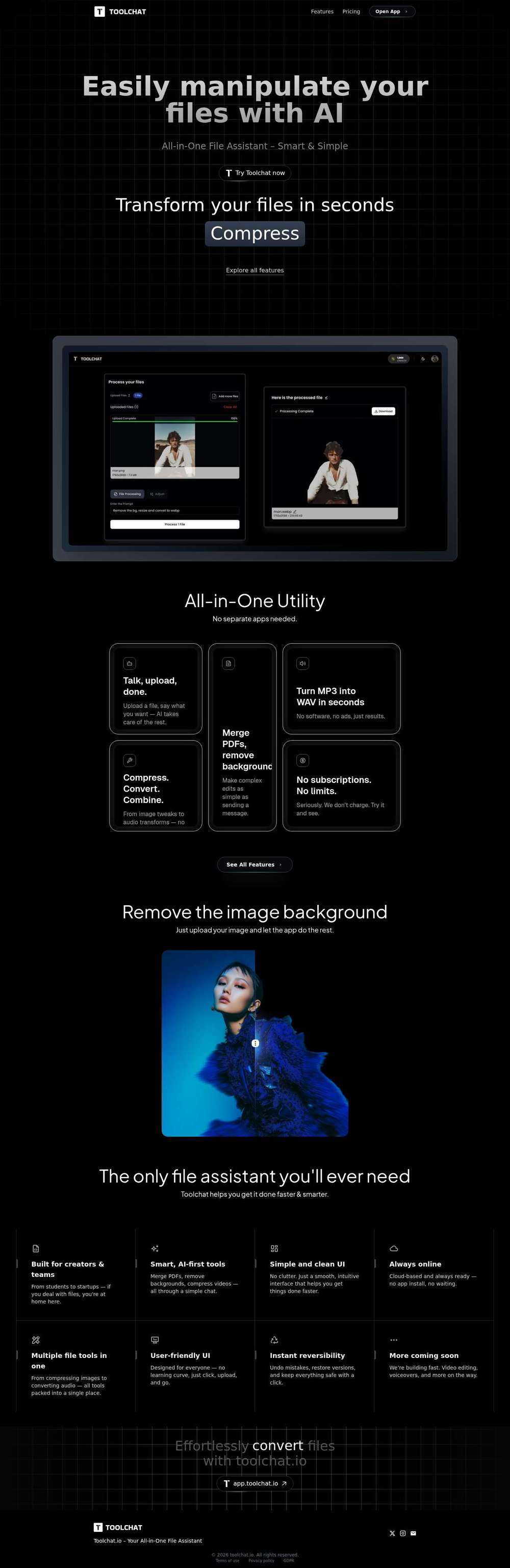 Toolchat - All-in-One File Processing Tools | Image, Audio & PDF Converter website preview